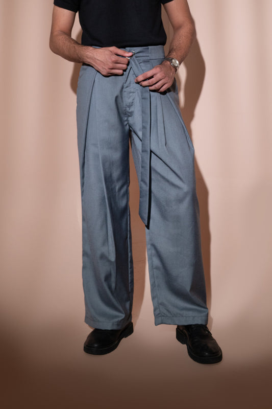 Slate Gray Belted Wide-Leg Pleated Trouser